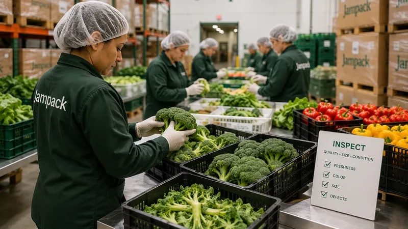 Broccoli being inspected and cut into florets