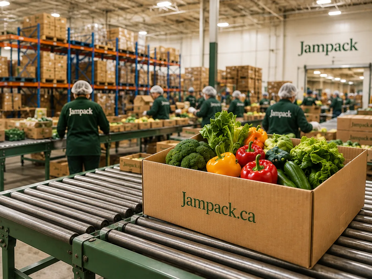Fresh produce crates stored in the Jampack warehouse